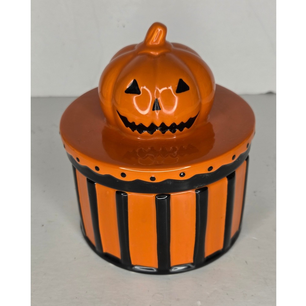 Ashland Halloween Ceramic Pumpkin Jack O Lantern Striped Candy Jar Canister